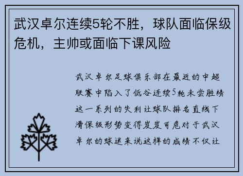 武汉卓尔连续5轮不胜，球队面临保级危机，主帅或面临下课风险