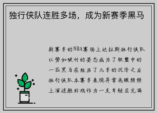 独行侠队连胜多场，成为新赛季黑马